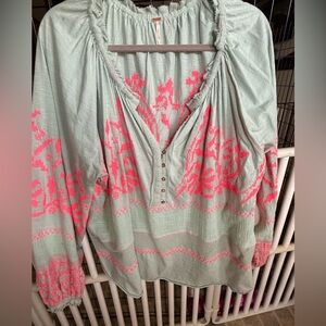 Free PeopleWomen's Green and Pink Embroidered peasant top